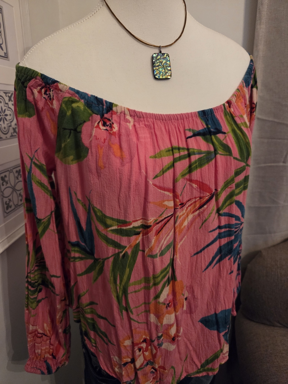 Billabong Pink Tropical Off-Shoulder Floral Top